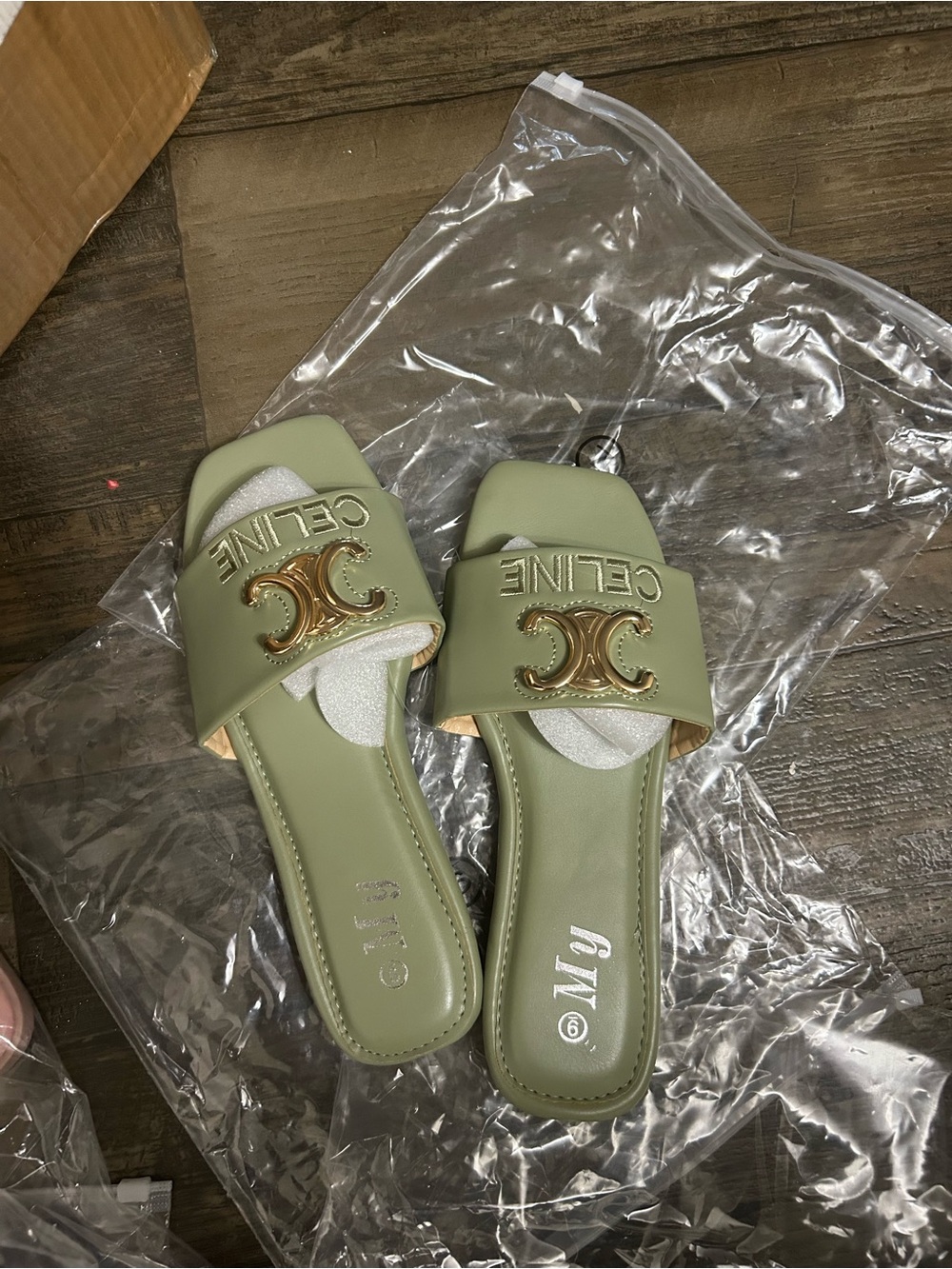 Celine Sage Green Logo Slide Mules with Gold Hardware - Picture 2 of 3